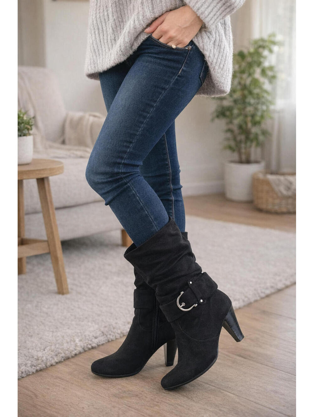 Apt 9 Black Slouch Mid Calf Boots Womens Size 8 Heeled Buckle Zip Fashion